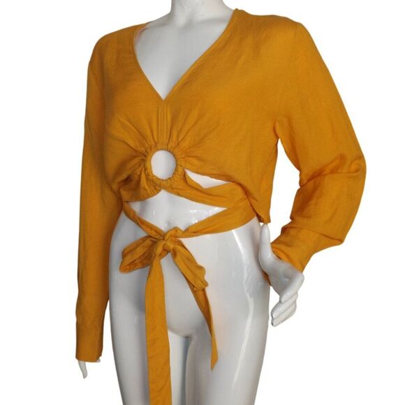 & OTHER STORIES Crop Top, 12, Yellow, Grommet/Strappy, Long Sleeve, V-neck Linen - Picture 4 of 16